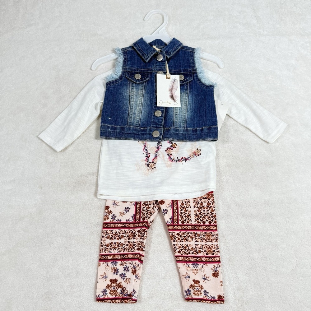 Jessica Simpson 3/6 Months Baby Girl 3‎ Piece Denim Vest Long Sleeve New